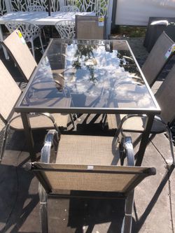 Outdoor Patio Tempered Frosted Glass NEW Table With 6 Aluminum Stackable NEW Chairs