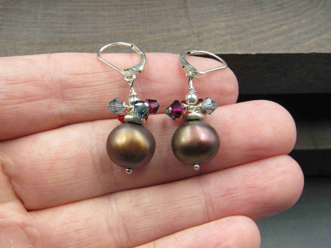 Sterling Silver Brown Pearls With Crystals Earrings Vintage Wedding Engagement Anniversary Beautiful Everyday Minimalist Cute