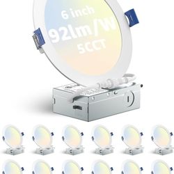 12 Pack LED Recessed Lighting 6 Inch with Junction Box, 5CCT 1100LM Brightness Canless Wafer Dimmable Downlight, 12W