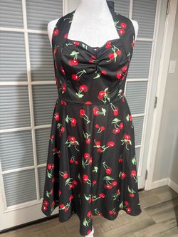 Black Cherry Print Halter Swing Dress