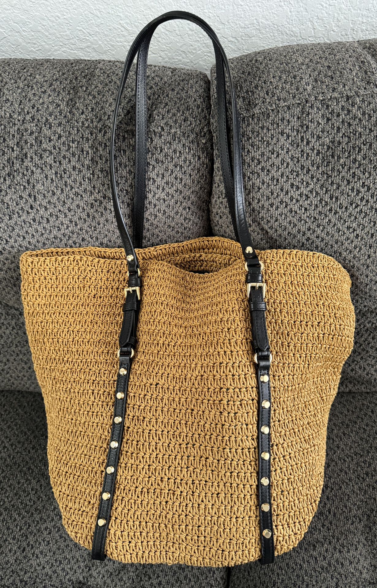 Michael Kors Large Studded Straw Shopper Tote Bag in Natural/Black Leather