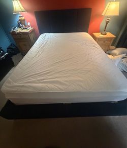 Queen sized mattress, 4 inch mattress pad and bed frame