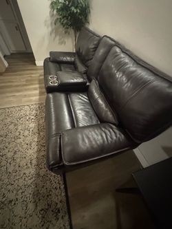 Dark Brown Leather Reclining Loveseat and Reclining Sofa with Console