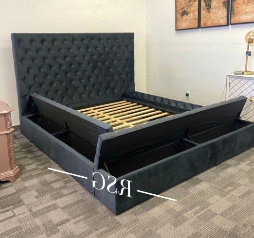 Black Velvet Tufted Design Queen Size Bed Frame With Storage//// King Size Bed Frame With Storage 