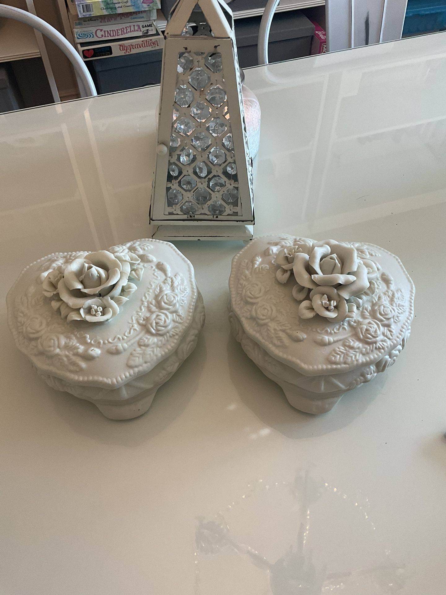 Pair Vintage porcelain bisque Heart Trinket/Jewelry Boxes