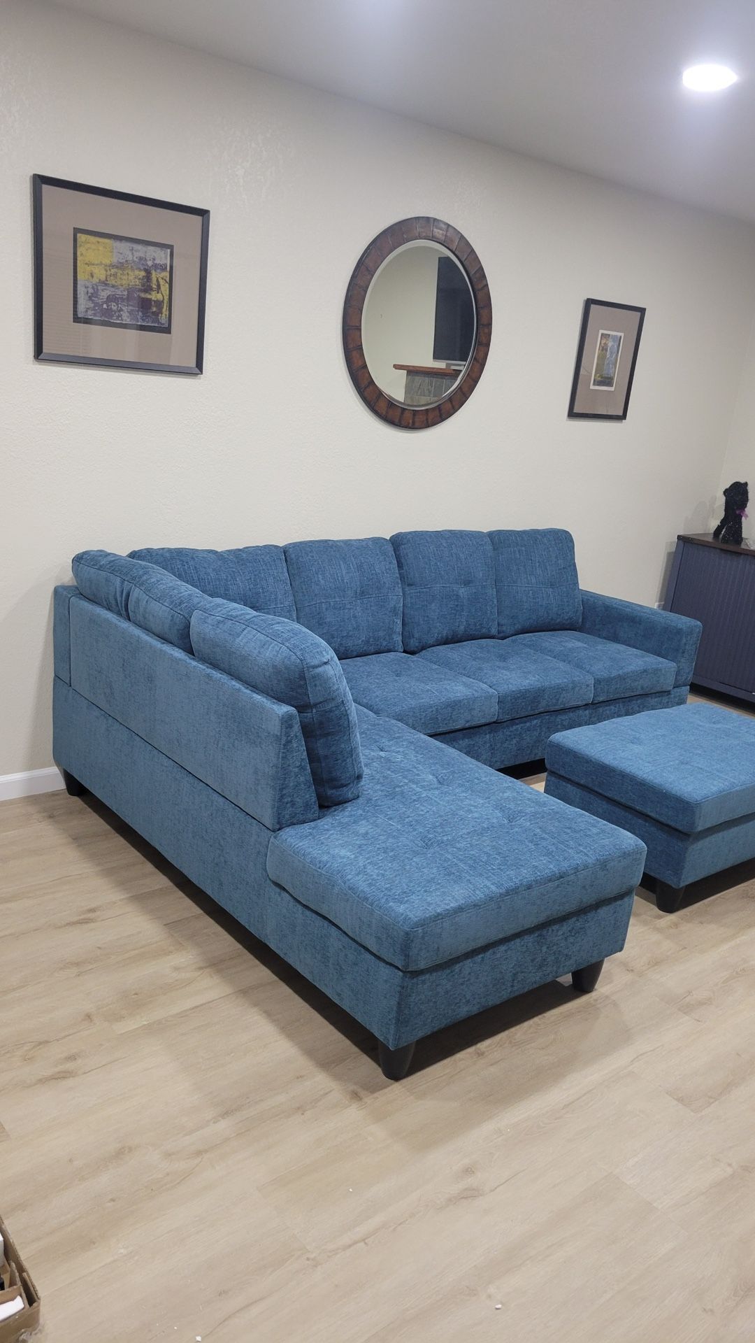 Blue Chenille Fabric Sectional Couch And Ottoman 