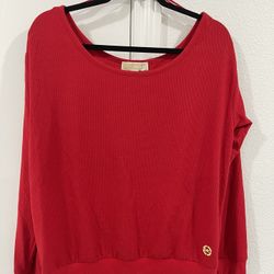 Michael Kors T Shirt Top Womens Size PL Red Cotton Long Sleeve Round Neck