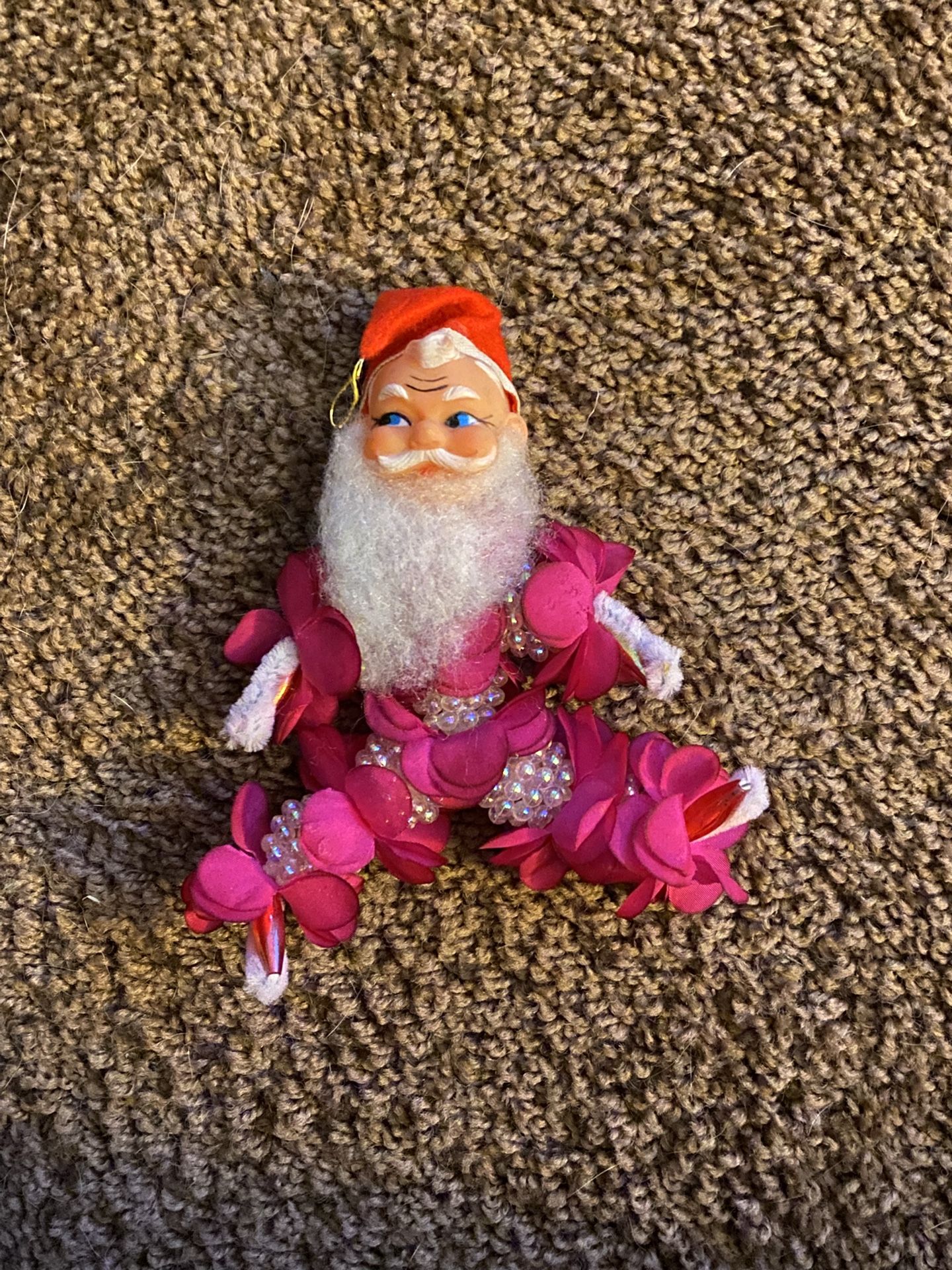 Vintage Santa Ornament With Beads And Flowers 