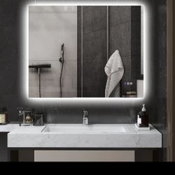 HOMCOM Dimmable Bathroom Mirror with Lights, 39" x 32" Backlit LED Mirror w/ Anti-Fog, Memory & Infinite Color Temperature