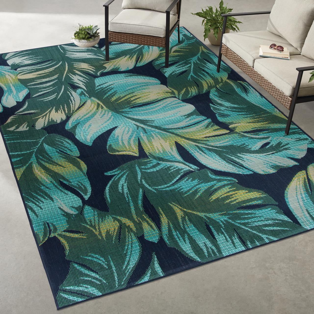Mainstays Navy Tropical Palm Outdoor Polypropylene Area Rug, 8'6"x13'