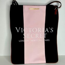Victoria's Secret black and pink stripe canvas tote crossbody bag.  