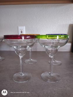 Four Color-Rimmed Margarita Glasses, And Two Quirky-Stemmed Martini Glasses