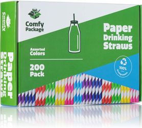 Comfy Package 200ct 7.7-inch Long Striped Paper Straws, 100% Biodegradable Disposable Straws for Drinking and Crafts, Assorted Colors