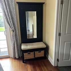 Solid Wood Hall Tree With Mirror & Storage