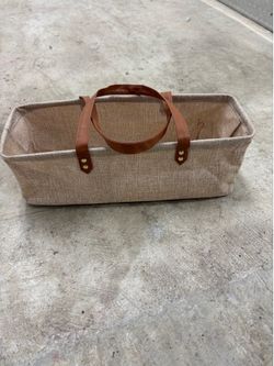 Beige Fabric Rectangular Storage Basket With Brown Handles Solid Freestanding