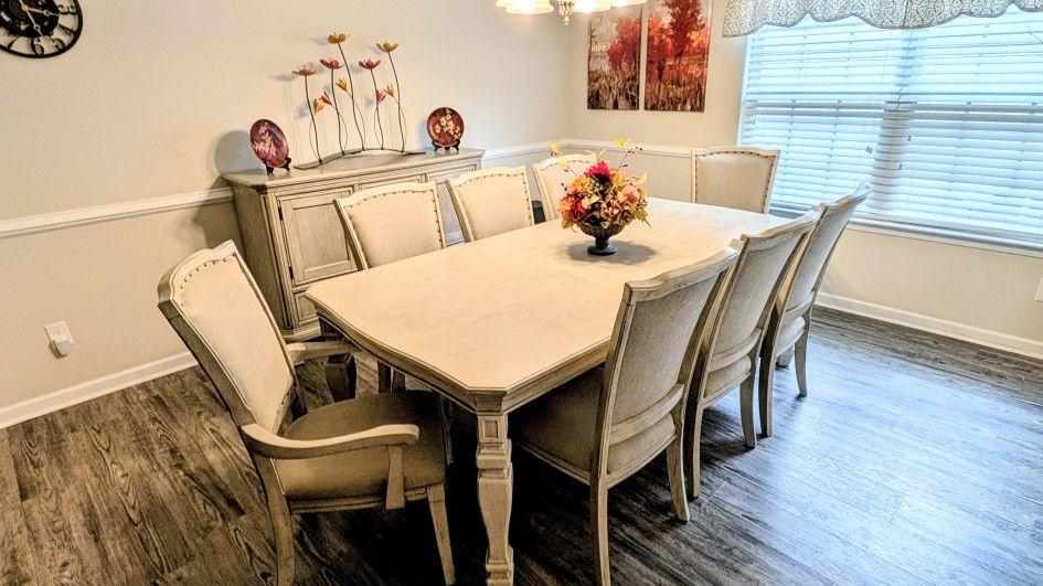 Dining Room Set. Table with Leaflet, 8 Chairs and China Cabinet