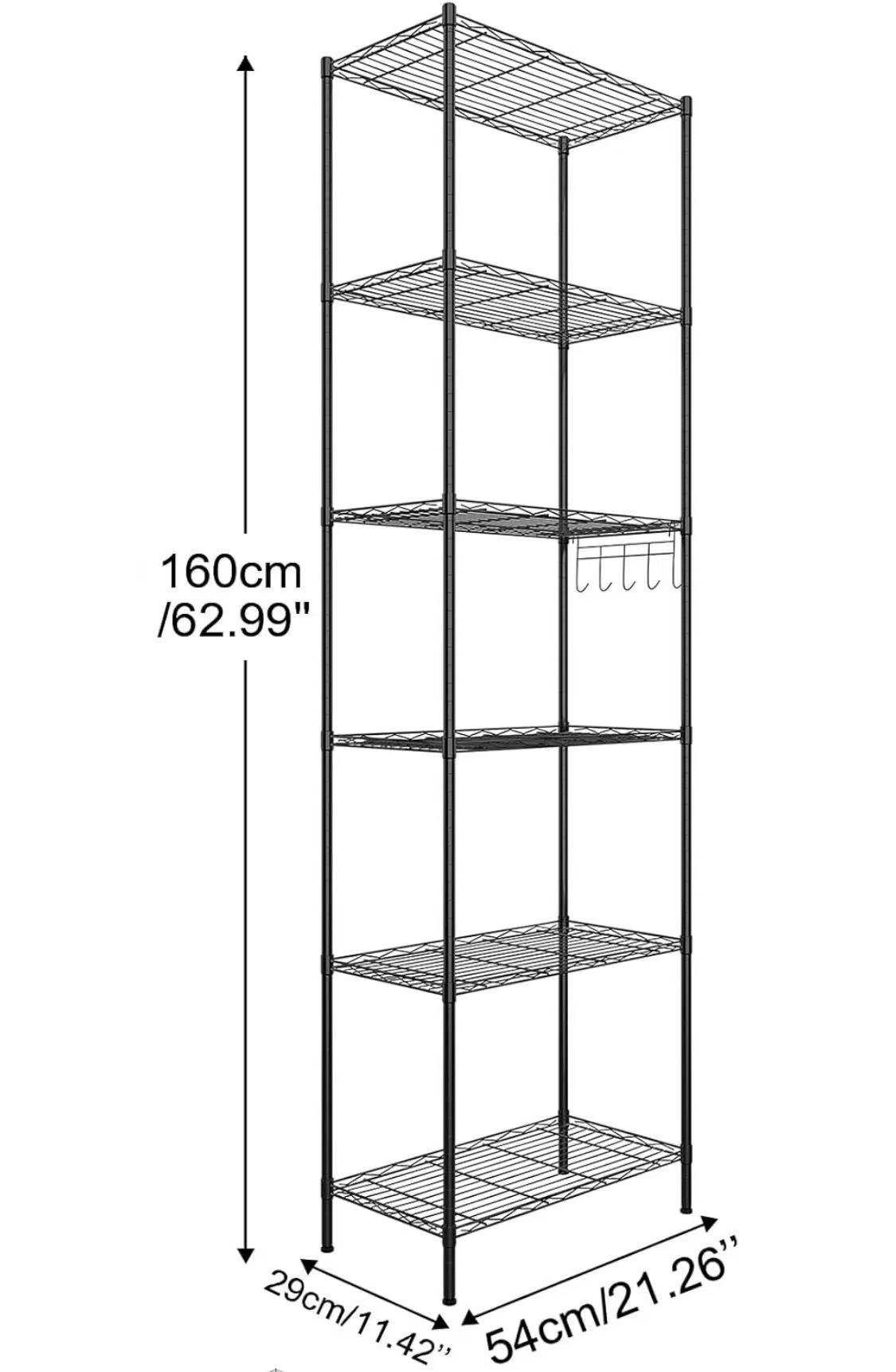 😀 6-Tier 21.26”Wx11.42”Dx 62.99”H. Wire Shelving Unit, Free Standing Shelf, Metal Storage Shelves, Heavy Duty Organizer Rack , Black