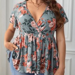 SHEIN 3XL(18) Clasi Plus Floral Print Surplice Neck Peplum Tee