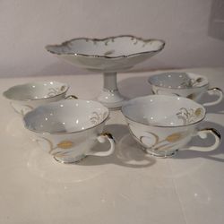 Lefton China Hand Painted Wheat Pattern Gold Trim Pedestal Compote and 4 coffee tea cups 