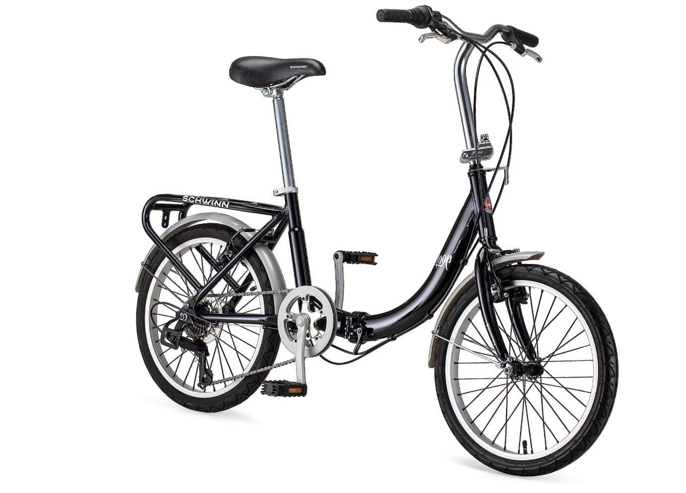 Schwinn Loop Folding Bike for Adult Men Women, 20-inch Wheels, 7-Speed Drivetrain, Rear Cargo Rack, Carrying Bag Included for Storage