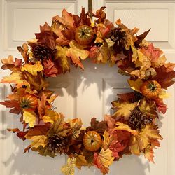 Fall Leaf, Pumpkin and Pinecone Wreath 