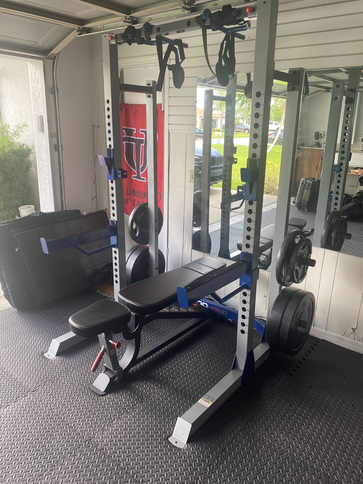 Squat Rack, 5-50lb Dumbbells, DB Rack, Dual Stack Canle Machine, Free Weight Bench, Barbell Weights