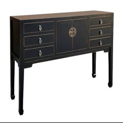 Black Asian moon face, narrow console entry table
