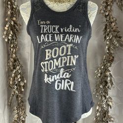 Maurices Women’s Small Gray Lace Trim Graphic Tank Top Country Concert Vibe