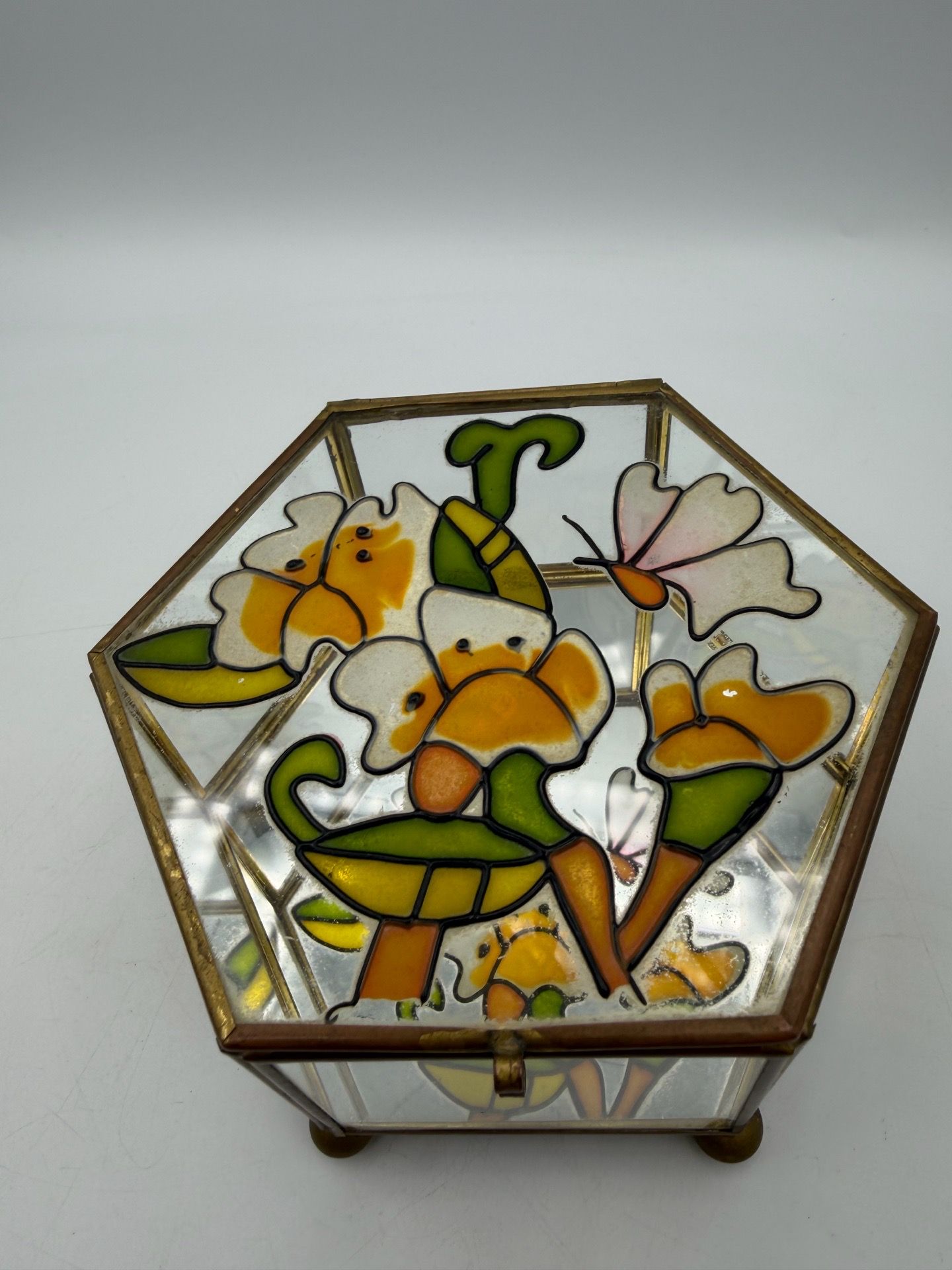 Vintage Hand Painted Glass and Bronze Hexagonal Jewelry Box