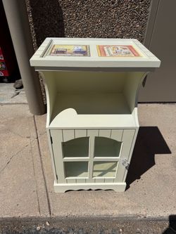 Cream Painted Wooden Table w/Tile Inlays & Glass-Paned Cabinet Door