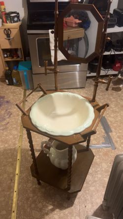 Vintage Wash Stand w/Ceramic Basin and Pitcher candle holders and mirror