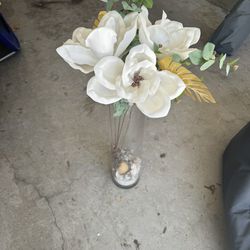 Fake Flower in Vase with Sand and Rocks