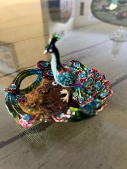 peacock glass on metal by Anne Primrose dish Murano peacock glass on metal by Anne Primrose dish