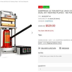Dabpress 12 Ton Bottle Jack Rosin Press - 4x7 heat plates