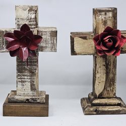 Rustic Wooden Cross Decor – Set of 2 with Red Metal Floral Accent