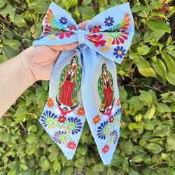Mexican Embroidered Our Lady of Guadalupe Light Blue Hair Bow / Virgen María Moño Azul Cielo