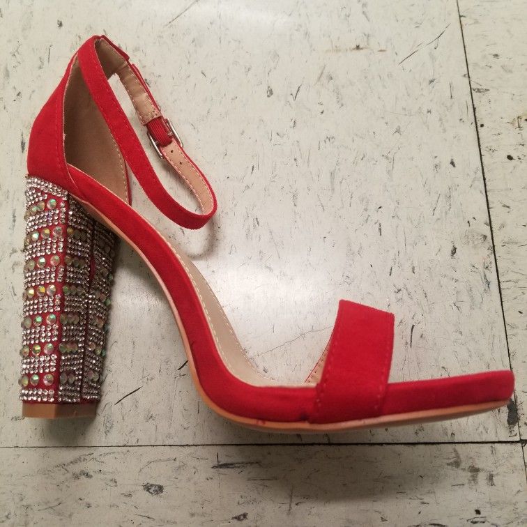 NWT Red Faux Swede Chunky Rhinestone Heels