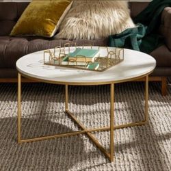 36 in. White/Gold Medium Round Faux Marble Coffee Table with X-Base(New In A Box)