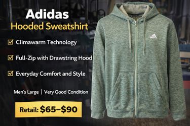 Adidas Full-Zip Hooded Sweatshirt – Men’s Large – Green Heather 