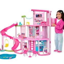 New Barbie Dreamhouse Pool Party Doll House with 75+ pc, 3 Story Slide: Adult Assembly, Fits 12 Inch Dolls