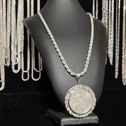 6mm italian silver rope chain with 1ounce silver Aztec calendar coin and nugget bezel