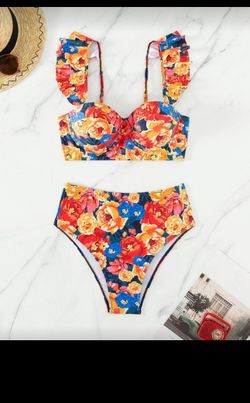 New Womens Size Large Floral Ruffle Bikini Set Swimsuit