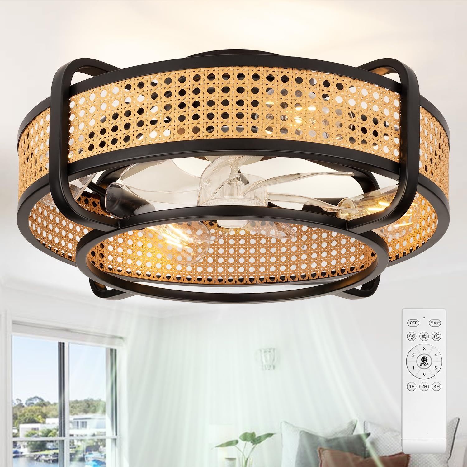 Vintage Rattan Fandelier, 20" Flush Mount Rattan Shade & Black Caged Ceiling Fan with Lights & Remote Control Kit, Bladeless/Low Profile/6-speed/Quiet