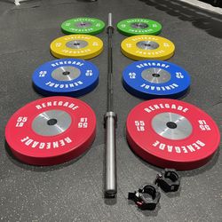 🔥🔥🔥Brand New Renegade 320 Pound Competition Bumper Plate Set With Black Zinc CrossFit Olympic Barbell Free Delivery🚚