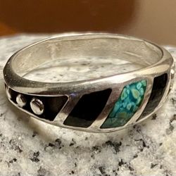 Turquoise & Onyx Inlay Silver Ring 