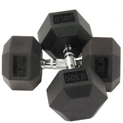 Dumbbells Rubber Encased Hex Dumbbells 50 lbs Pair Black