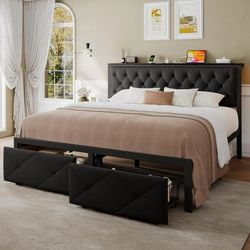 Honfach King Bed Frame with Storage Drawer, Metal Platform Bed with Charging Station, Upholstered Button Tufted Storage Headboard, No Box Spring Neede