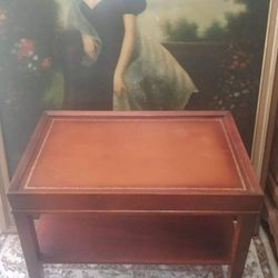 Retro Middle Century Vintage Antique Leather Top Side Table On The Wheels 