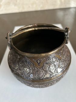 1913 Egyptian brass bowl w/ silver inlay