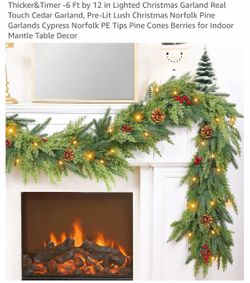 Thicker&Timer -6 Ft by 12 in Lighted Christmas Garland Real Touch Cedar Garland, Pre-Lit Lush Christmas Norfolk Pine Garlands Cypress Norfolk PE Tips 